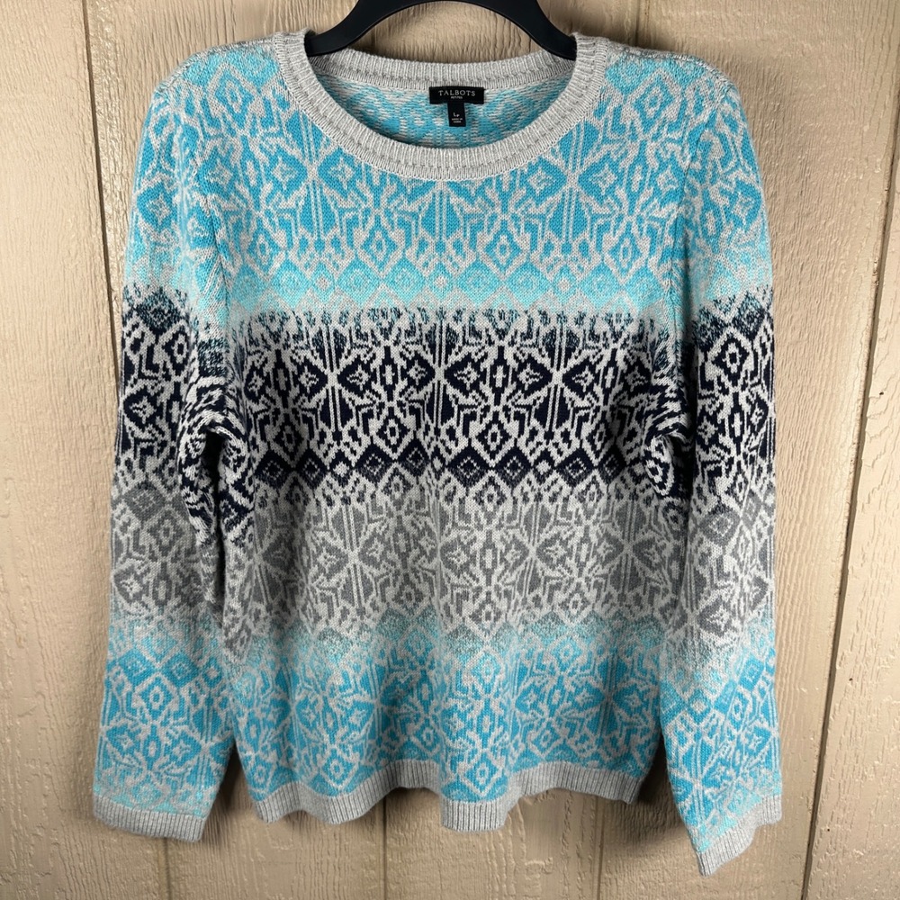 Talbots Fair Isle Sweater Womens LP Blue Gray Geometric Lambswool Blend Crewneck